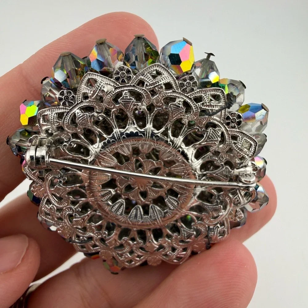 Vintage Dome Crystal Brooch Multicolor AB Aurora Borealis Cluster Filigree Retro